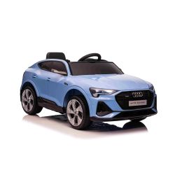 Električni avtomobilček Audi E-tron Sportback 12V, moder, širok enojni sedež s tritočkovnim varnostnim pasom, 2,4 GHz daljinski upravljalnik, USB/AUX vhod, vzmetenje, litijeva baterija, LED luči, 2 X 25W motor, ORIGINALNA registracija