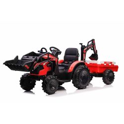 Otroški traktor na akumulator TOP-WORKER 12V z zajemalko in prikolico, rdeč - enosed, mehak PU sedež, daljinski upravljalnik, MP3 predvajalnik z USB vhodom, zadnji pogon, 2 x 45W motor, EVA kolesa, Litijeva baterija