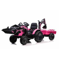 Otroški traktor na akumulator TOP-WORKER 12V z zajemalko in prikolico, Roza, mehak PU sedež, daljinski upravljalnik, MP3 predvajalnik z USB vhodom, zadnji pogon, 2 x 45W motor, EVA kolesa, Litijeva baterija