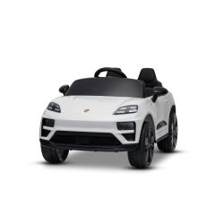 Električni avtomobilček Porsche Macan 12V z zadnjim pogonom in registrsko številko (enojni sedež), bel, litijeva baterija, širok sedež, vzmetene osi, 2,4 GHz daljinski upravljalnik, MP3 predvajalnik z USB/AUX vhodom, LED luči