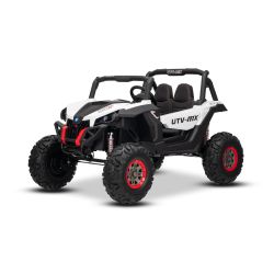 Električni avtomobilček NOV RSX 24V, bel, 4x4 pogon, litijeva baterija, EVA kolesa, vzmetene osi, dvosedežni sedež iz umetnega usnja, daljinski upravljalnik, MP3 predvajalnik z USB/AUX vhodom