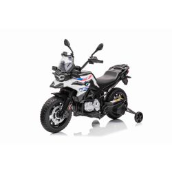 Otroški motor na akumulator BMW F850 GS, bel - originalna licenca, 12V baterija, EVA mehka kolesa, 2 x 35W motor, LED luči, pomožna kolesa