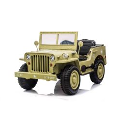 Otroški avto na akumulator USA ARMY 4x4, bež - trije sedeži, MP3 predvajalnik z USB/SD, vzmeti vseh kolesih, LED luči, zložljivo vetrobransko steklo, baterija 12V14AH, platišča EVA, usnjeni sedeži, daljinski upravljalnik 2,4 GHz