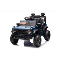 Električni avtomobilček Ford Bronco s pogonom na zadnja kolesa z dovoljenjem (enojni sedež), modra, litijeva baterija, visoka šasija, širok sedež, vzmetenje zadnje osi, 2,4 GHz daljinski upravljalnik, MP3 predvajalnik z USB vhodom, LED luči