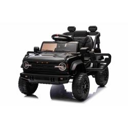 Električni avtomobilček Ford Bronco s pogonom na zadnja kolesa z dovoljenjem (Enojni sedež), črn, Litijeva baterija, Visoko podvozje, širok sedež, Zadnja vzmetena os, 2,4 GHz Daljinski upravljalnik, MP3 predvajalnik z USB vhodom, LED luči