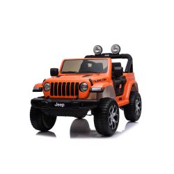 Električni avtomobilček JEEP Wrangler, Dvosed, Oranžna, Usnjeni sedeži, Radio z Bluetooth predvajalnikom, SD/USB vhod, 4x4 pogon, Litijeva baterija, EVA kolesa, Vzmetene osi, 2,4 GHz daljinski upravljalnik