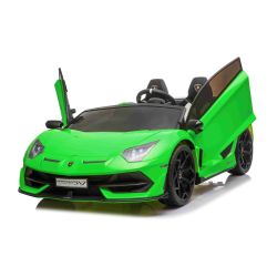 Električni avto Lamborghini Aventador 24V Dvosed, zeleno pobarvan, 2,4 GHz DO, mehki PU sedeži, LCD zaslon, vzmetenje, vrata z navpičnim odpiranjem, mehka platišča EVA, 2 X 45W MOTOR, ORIGINALNA licenca