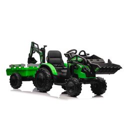Otroški traktor na akumulator TOP-WORKER 12V z zajemalko in prikolico, zelen - enosed, mehak PU sedež, daljinski upravljalnik, MP3 predvajalnik z USB vhodom, zadnji pogon, 2 x 45W motor, EVA kolesa, Litijeva baterija