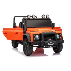Električni avtomobilček Land Rover Defender 110 SVX 12V, oranžen, 4X4 pogon, LED luči, vzmetenje sprednjih in zadnjih koles, 2,4 GHz daljinski upravljalnik, USB/Aux vhod, Bluetooth, litijeva baterija, 4 X 25W motor, ORIGINALNA registracija