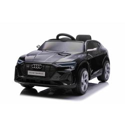 Električni avtomobilček Audi E-tron Sportback 12V, črne barve, širok enojni sedež s tritočkovnim varnostnim pasom, 2,4 GHz daljinski upravljalnik, USB/AUX vhod, vzmetenje, litijeva baterija, LED luči, 2 X 25W motor, ORIGINALNA registracija
