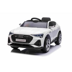 Električni avtomobilček Audi E-tron Sportback 12V, bel, širok enojni sedež s tritočkovnim varnostnim pasom, 2,4 GHz daljinski upravljalnik, USB/AUX vhod, vzmetenje, litijeva baterija, LED luči, 2 X 25W motor, ORIGINALNA registracija