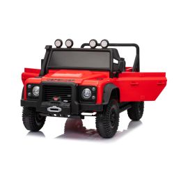 Električni avtomobilček Land Rover Defender 110 SVX 12V, rdeč, 4X4 pogon, LED luči, vzmetenje sprednjih in zadnjih koles, 2,4 GHz daljinski upravljalnik, USB/Aux vhod, Bluetooth, litijeva baterija, 4 X 25W motor, ORIGINALNA registracija