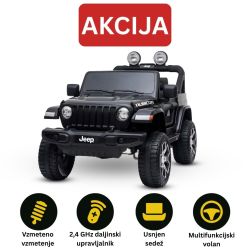 Električni avtomobilček JEEP Wrangler, Dvosed, črn, Usnjeni sedeži, Radio z Bluetooth predvajalnikom, SD/USB vhod, 4x4 pogon, Litijeva baterija, EVA kolesa, Vzmetene osi, 2,4 GHz daljinski upravljalnik