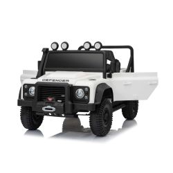 Električni avtomobilček Land Rover Defender 110 SVX 12V, bel, 4X4 pogon, LED luči, vzmetenje sprednjih in zadnjih koles, 2,4 GHz daljinski upravljalnik, USB/Aux vhod, Bluetooth, litijeva baterija, 4 X 25W motor, ORIGINALNA registracija