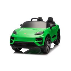 Električni avtomobilček Porsche Macan 12V z zadnjim pogonom in registrsko številko (enojni sedež), zelen, litijeva baterija, širok sedež, vzmetene osi, 2,4 GHz daljinski upravljalnik, MP3 predvajalnik z USB/AUX vhodom, LED luči