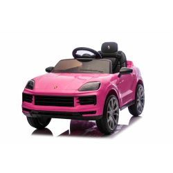 Električni avtomobilček Porsche Cayenne 12V z zadnjim pogonom in registrsko številko (enojni sedež), roza, litijeva baterija, širok sedež, vzmetene osi, 2,4 GHz daljinski upravljalnik, MP3 predvajalnik z USB/AUX vhodom, LED luči