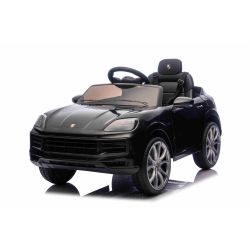Električni avtomobilček Porsche Cayenne 12V z zadnjim pogonom in registracijo (enojni sedež), črne barve, litijeva baterija, širok sedež, vzmetene osi, 2,4 GHz daljinski upravljalnik, MP3 predvajalnik z USB/AUX vhodom, LED luči