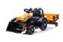 Otroški traktor na akumulator FARMER, oranžen - z zajemalko in prikolico, zadnji pogon, 6V baterija, plastična kolesa, širok sedež, 20W motor, enosed, upravljanje na volanu, LED luči