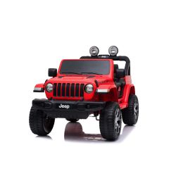 Električni avtomobilček JEEP Wrangler, Dvosed, rdeč, Usnjeni sedeži, Radio z Bluetooth predvajalnikom, SD/USB vhod, 4x4 pogon, Litijeva baterija, EVA kolesa, Vzmetene osi, 2,4 GHz daljinski upravljalnik