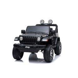 Električni avtomobilček JEEP Wrangler, Dvosed, črn, Usnjeni sedeži, Radio z Bluetooth predvajalnikom, SD/USB vhod, 4x4 pogon, Litijeva baterija, EVA kolesa, Vzmetene osi, 2,4 GHz daljinski upravljalnik