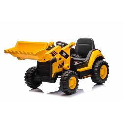 Licencirani električni bager Caterpillar z naklonsko žlico, enojnim sedežem, rumene barve, USB vhodom na MP3 predvajalniku, zadnjim pogonom z 2 x 30W motorjema in litijevo baterijo