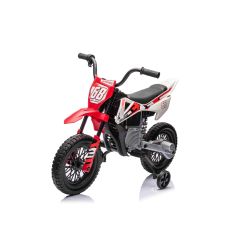 Električni motocikel MOTOCROSS, rdeč, 12V baterija, EVA mehka kolesa, usnjen sedež, 2 x 25W motor, vzmetenje, kovinski okvir, MP3 predvajalnik z Bluetoothom, pomožna kolesa