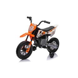 Električni motor MOTOCROSS, oranžna, 12V baterija, EVA mehka kolesa, usnjen sedež, 2 x 25W motor, vzmetenje, kovinski okvir, MP3 predvajalnik z Bluetooth, pomožna kolesa