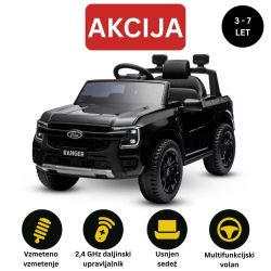 Električni avtomobilček FORD Ranger 12V, črna, Usnjen sedež, 2,4 GHz daljinski upravljalnik, Bluetooth / USB vhod, Vzmetenje, 12V baterija, Plastična kolesa, 2 X 30W MOTOR, ORIGINALNA licenca